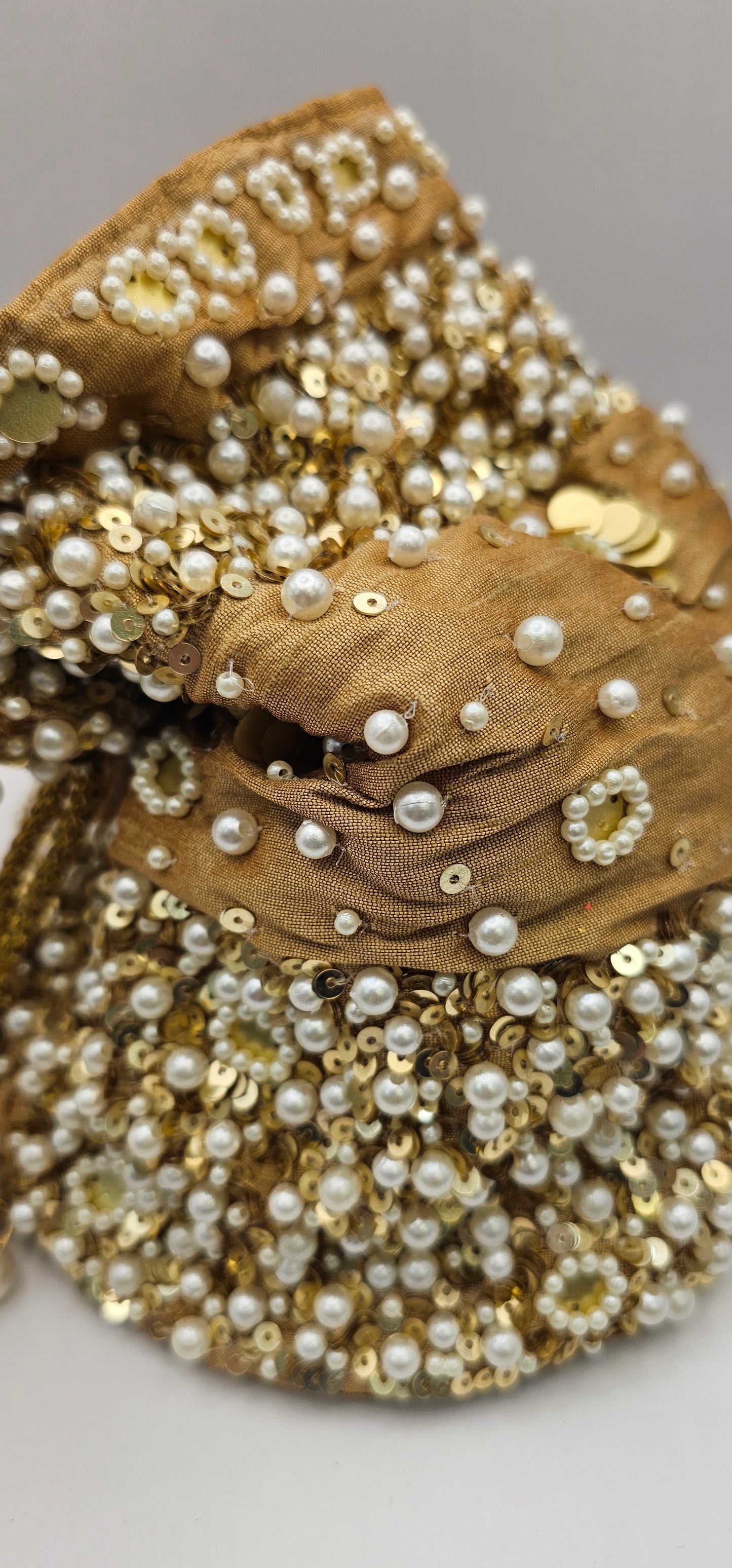 Gold & Brown Sequins, Pearls, Cut Work Poly Silk Embellished Potli Bag