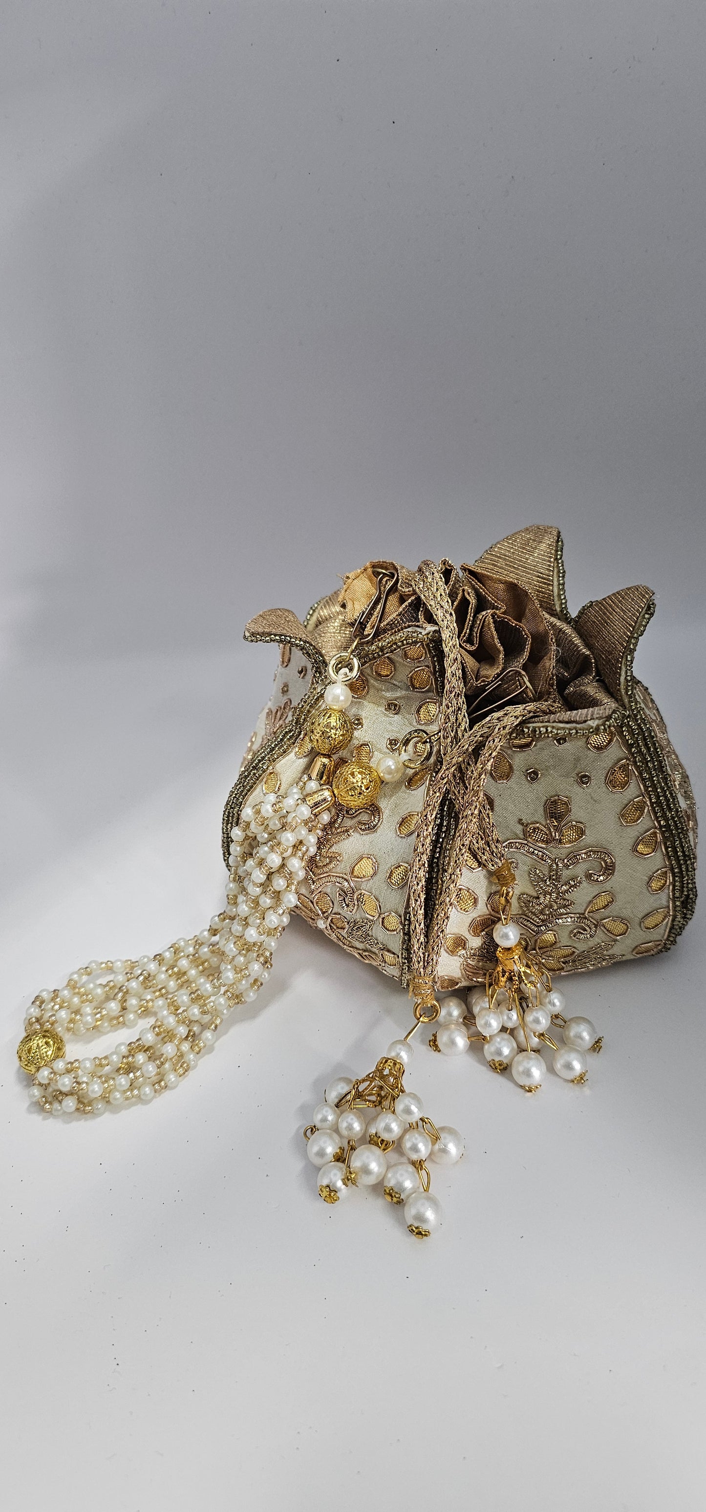 GOLD Pearl Handcrafted Silk Floral Embroidered Potli Bag•GOLD Wrist Bag•Indian Gold Embellished Bag•Potli•Gold Bag•Indian Potli Bag•Potlis