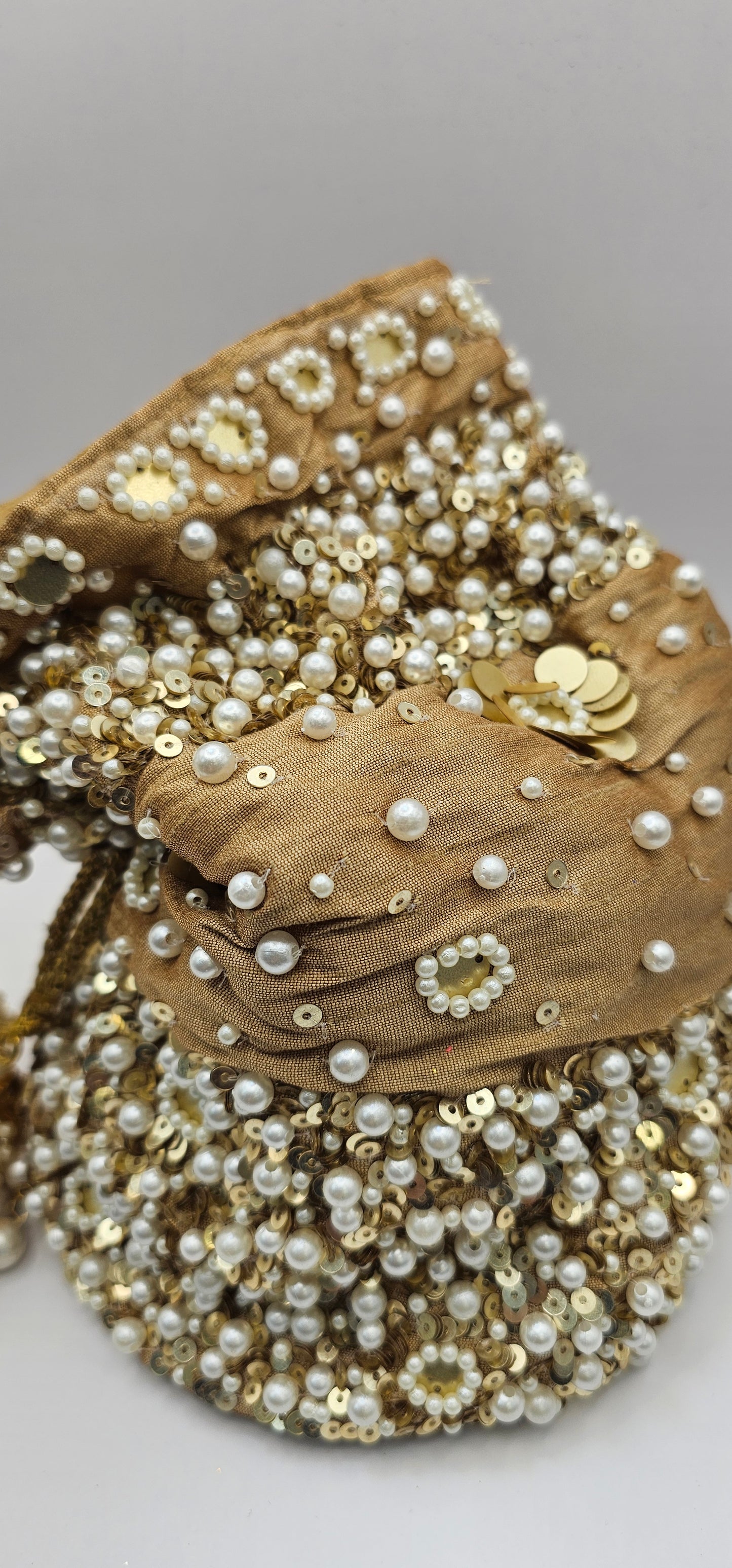 Gold & Brown Sequins, Pearls, Cut Work Poly Silk Embellished Potli Bag