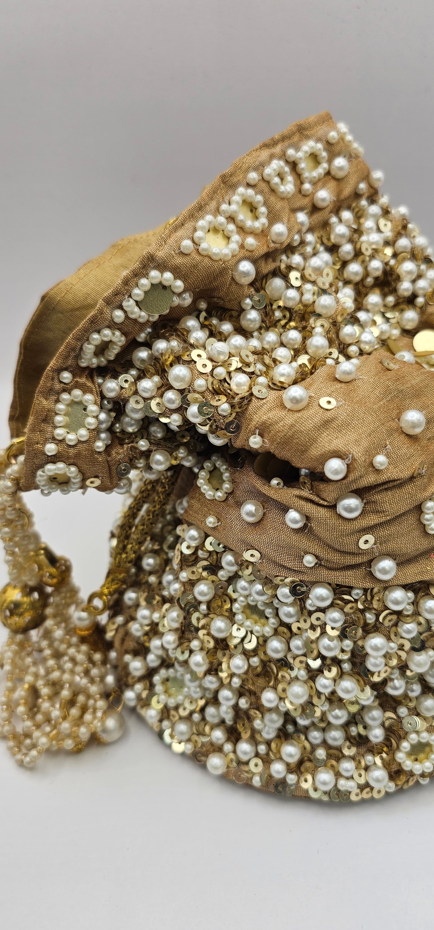 Gold & Brown Sequins, Pearls, Cut Work Poly Silk Embellished Potli Bag