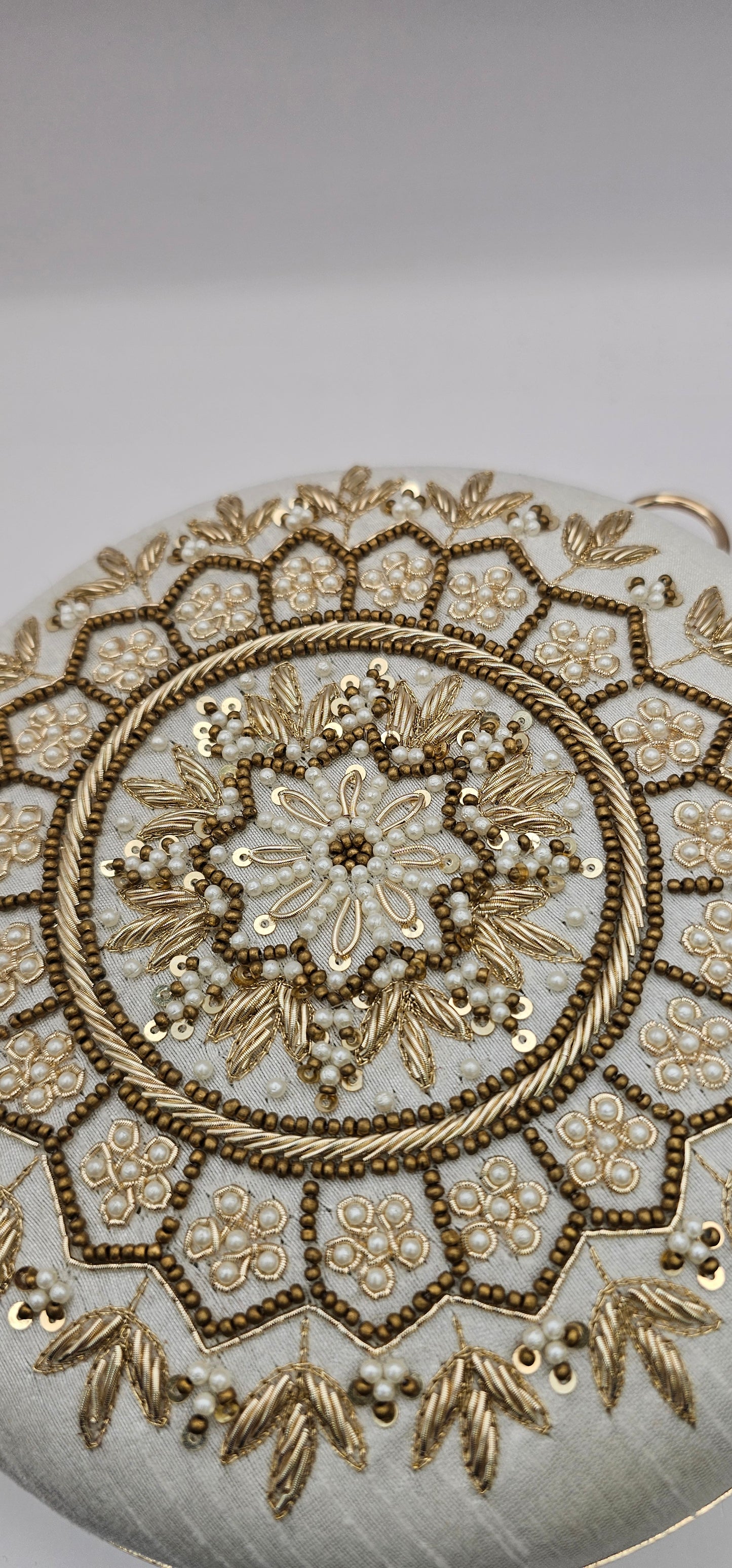 Silk Off White Champagne Round Handcrafted Mandala Design Clutch