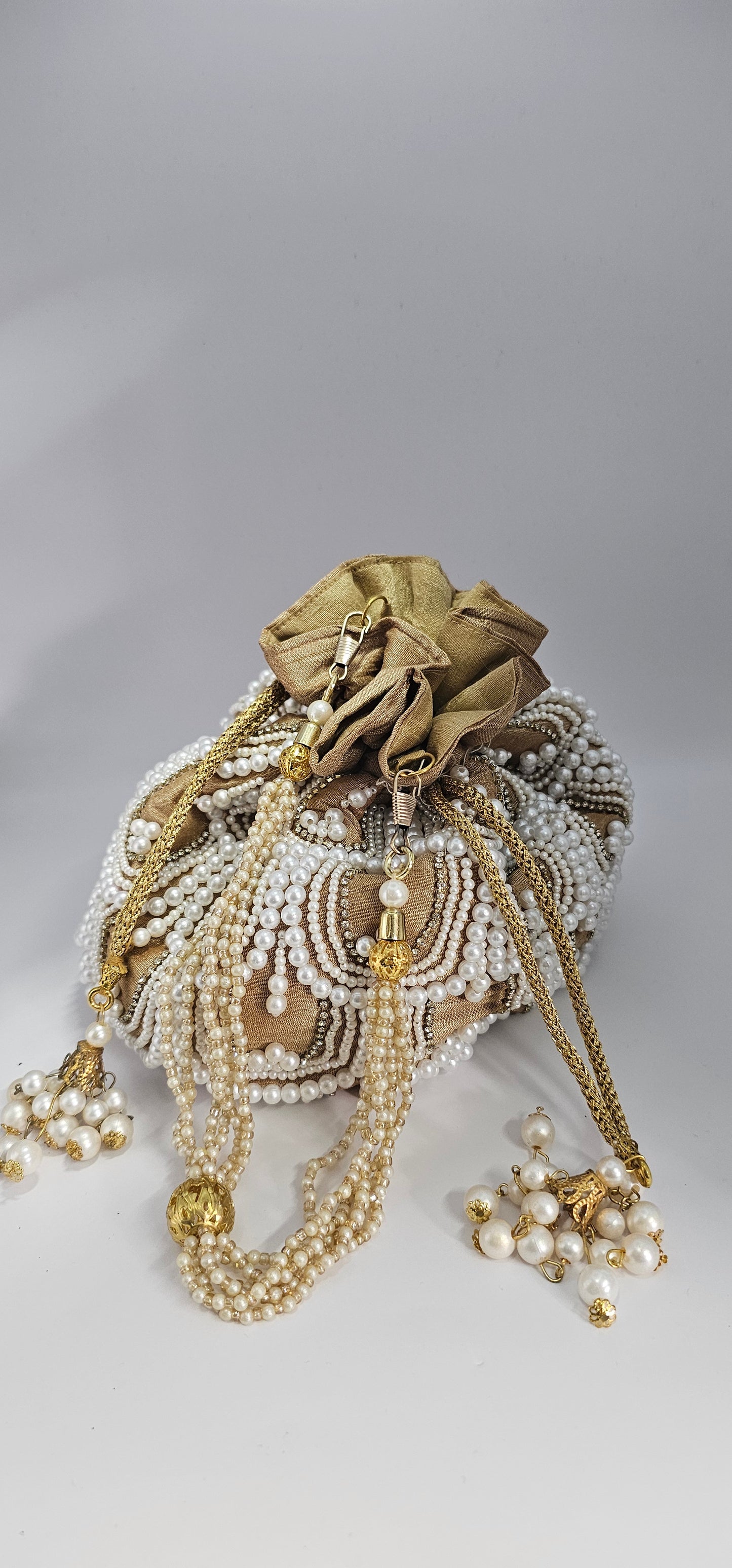 Gold & Pearl Potli Bag | Gold Beaded Studded Clutch / Lotus Bag