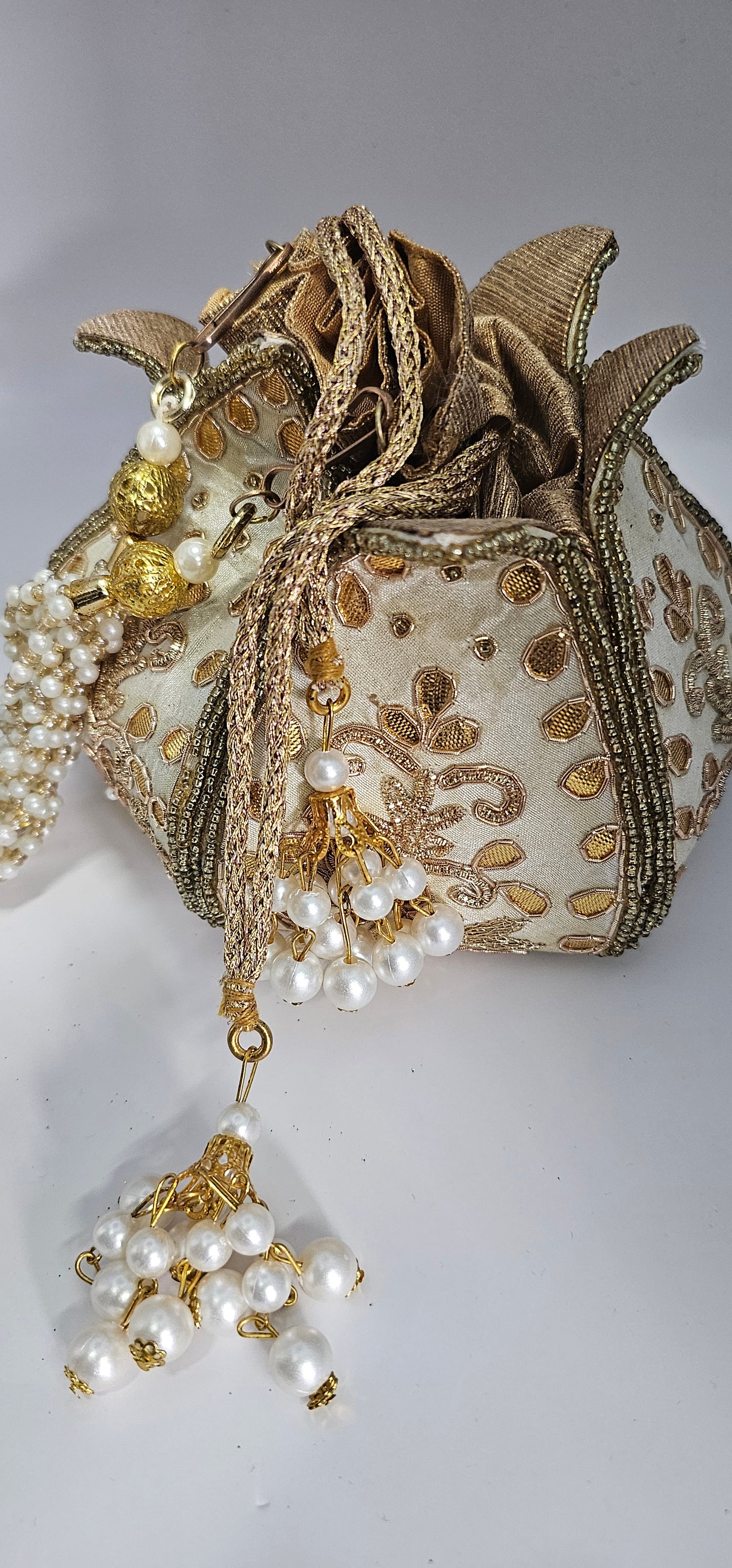 GOLD Pearl Handcrafted Silk Floral Embroidered Potli Bag•GOLD Wrist Bag•Indian Gold Embellished Bag•Potli•Gold Bag•Indian Potli Bag•Potlis
