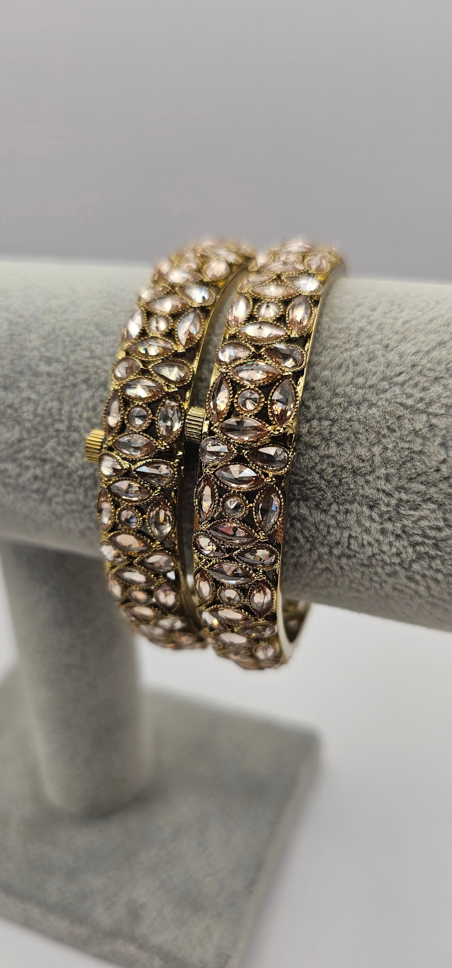 Antique Gold Champagne Zircon Thick Heavy Kada Bangles End Bangles Indian Pakistani Jewelley Size 2.6