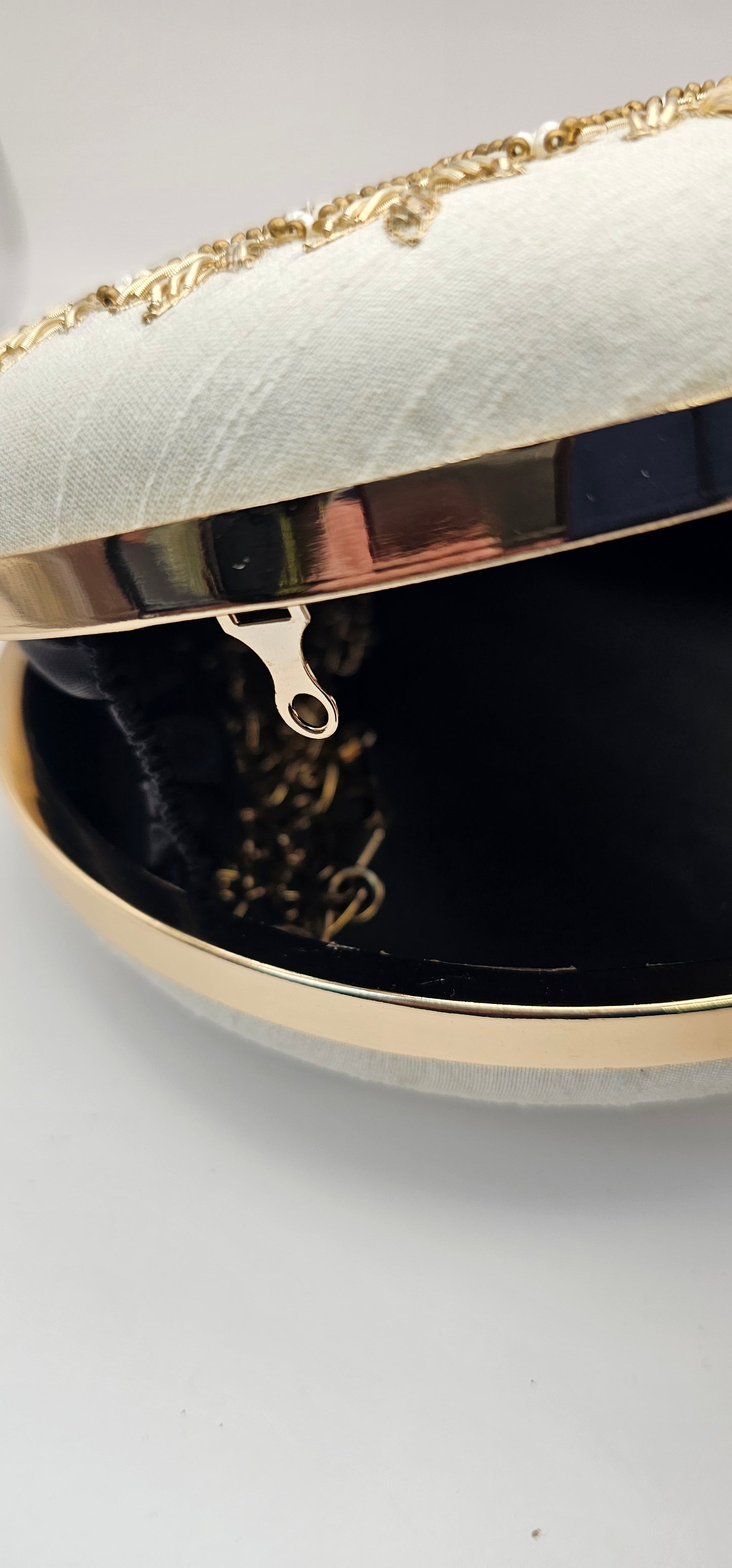 Silk Off White Champagne Round Handcrafted Mandala Design Clutch