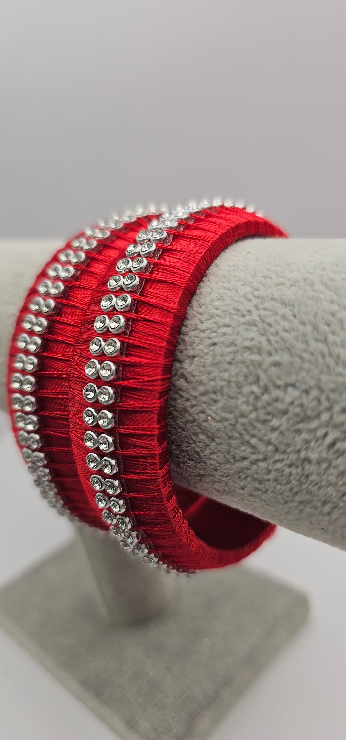 Red Fabric Bangle With Silver Stone Detail Size 2.6