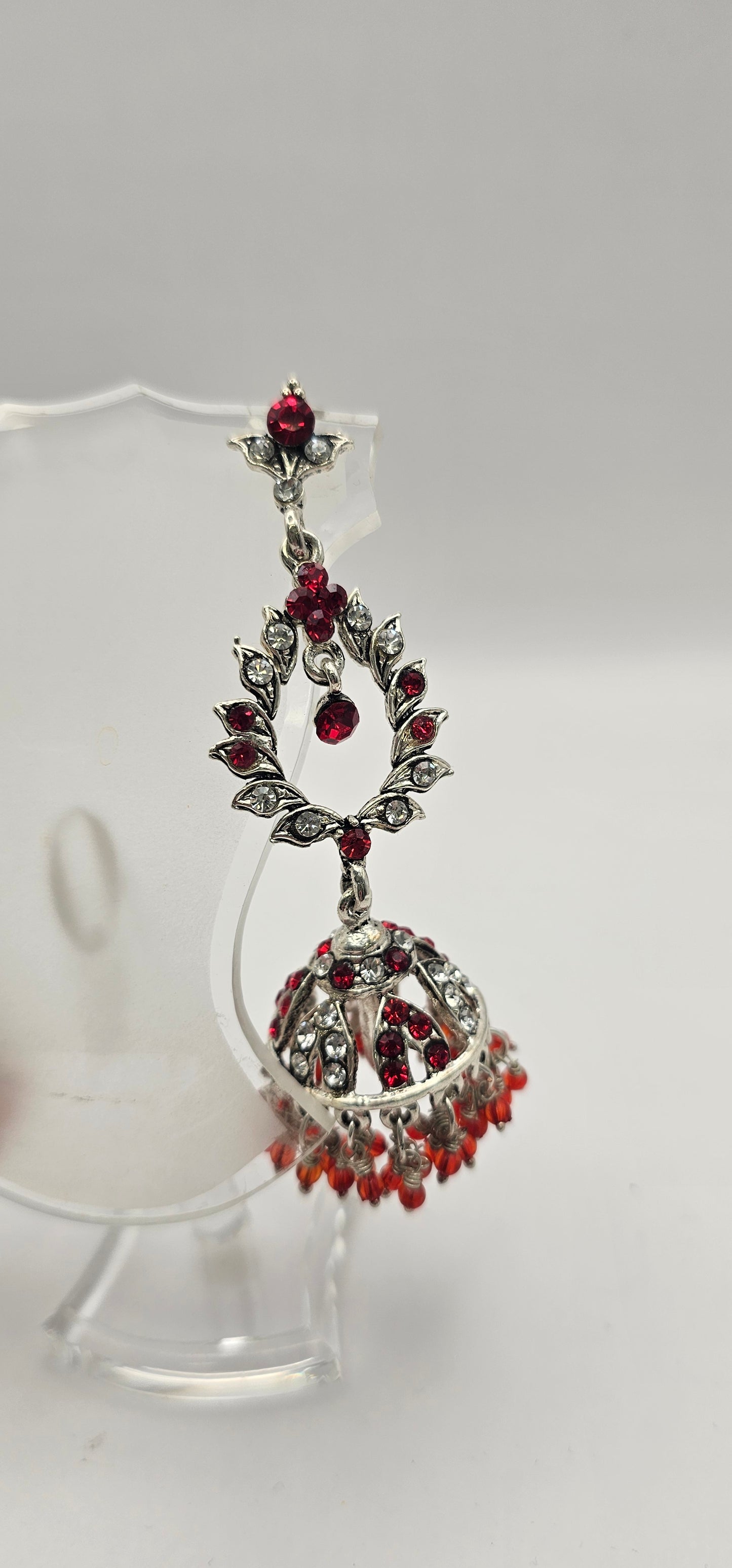 Indian Style Necklace Ruby Red and Silver Gems and Beaded Hanging Pendant