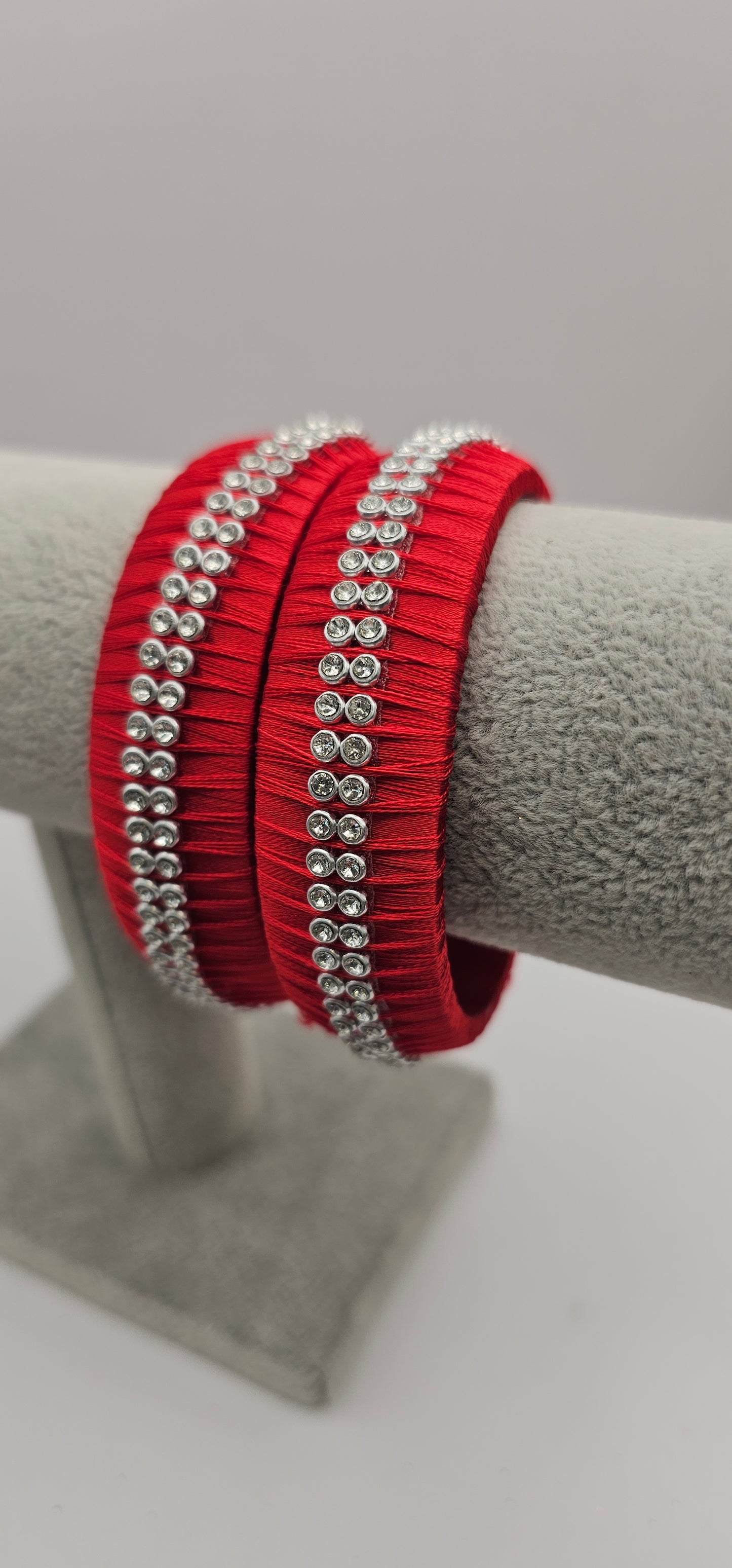Red Fabric Bangle With Silver Stone Detail Size 2.6