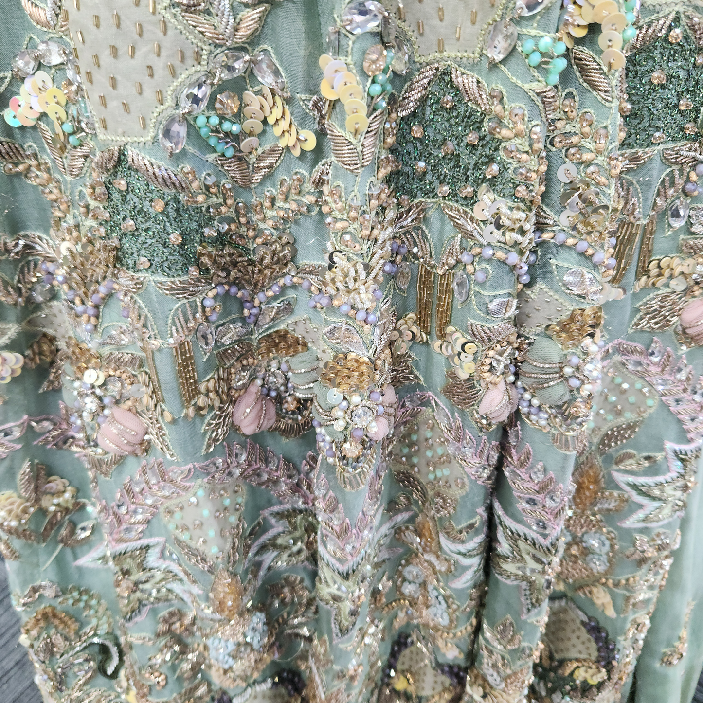 Sage & Gold Silk Embroidered Bridal Wear Trail Cut Lehenga