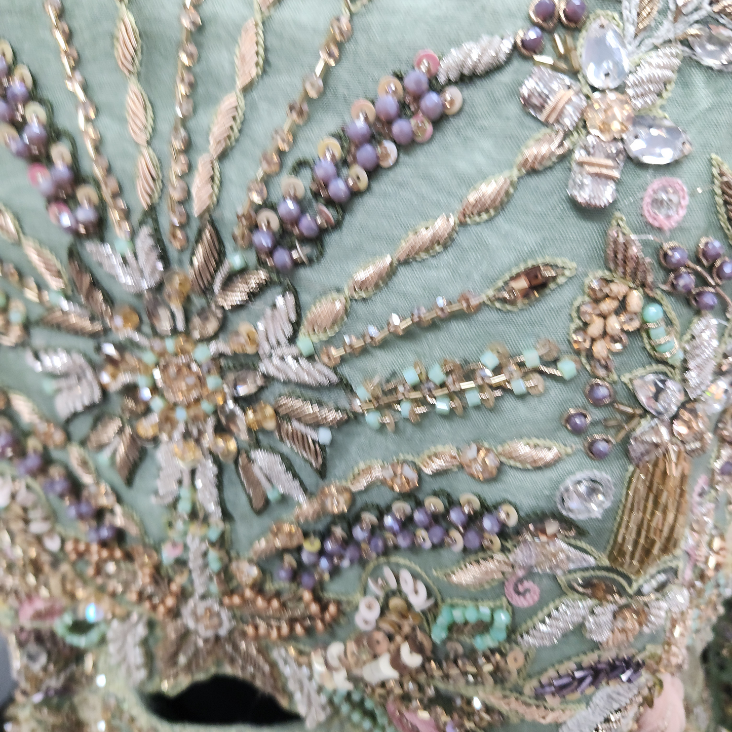 Sage & Gold Silk Embroidered Bridal Wear Trail Cut Lehenga