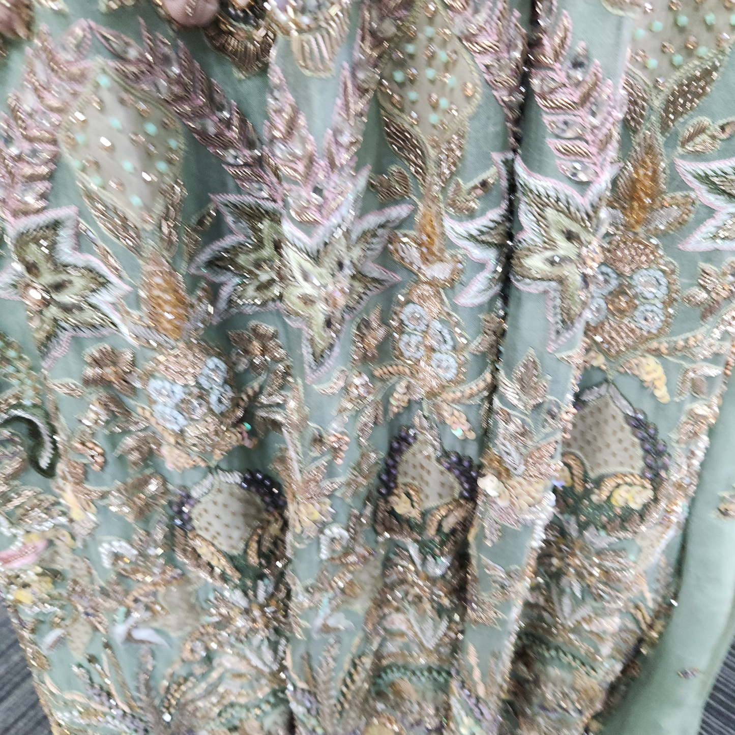 Sage & Gold Silk Embroidered Bridal Wear Trail Cut Lehenga
