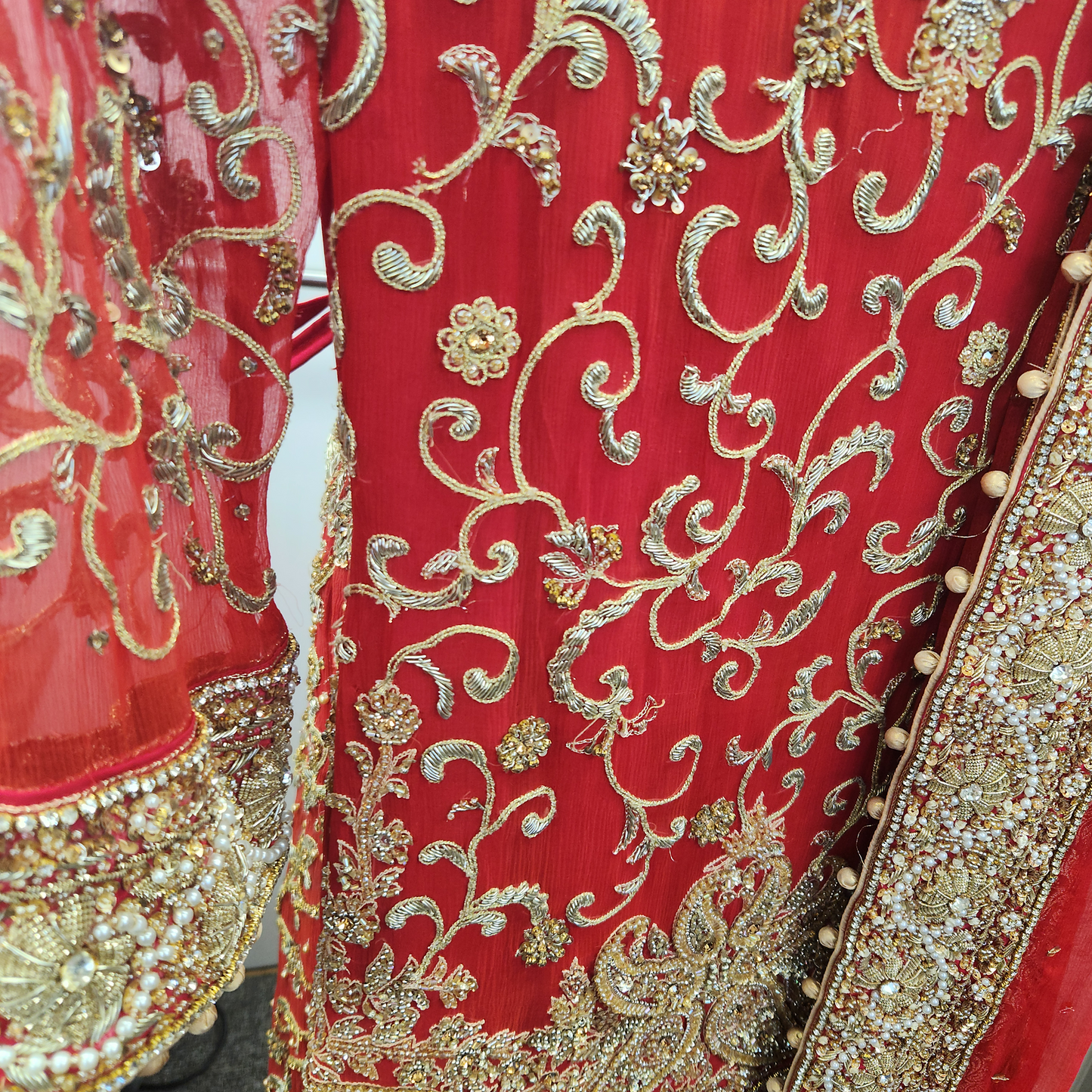Bright Red & Gold 3pc heavy gold embroidery with pearl and diamanté detailing.