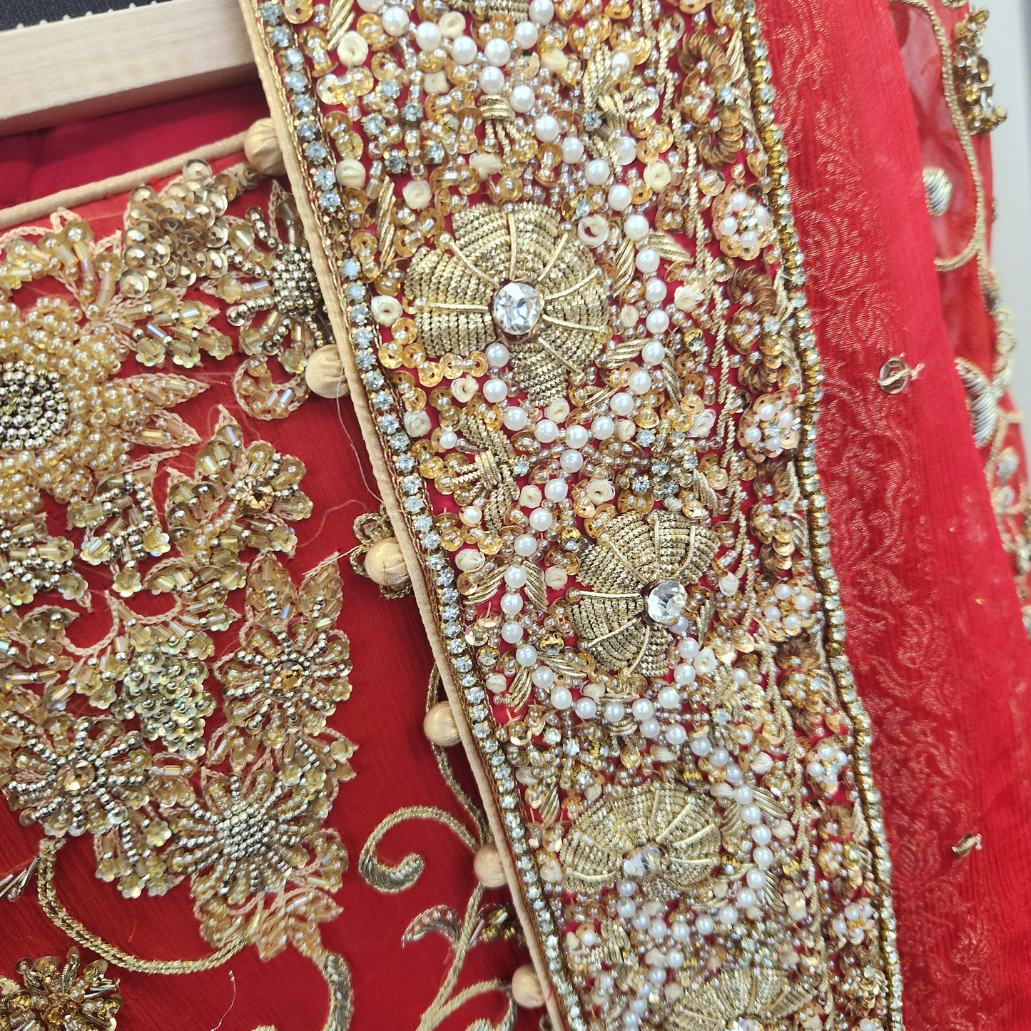 Bright Red & Gold 3pc heavy gold embroidery with pearl and diamanté detailing.