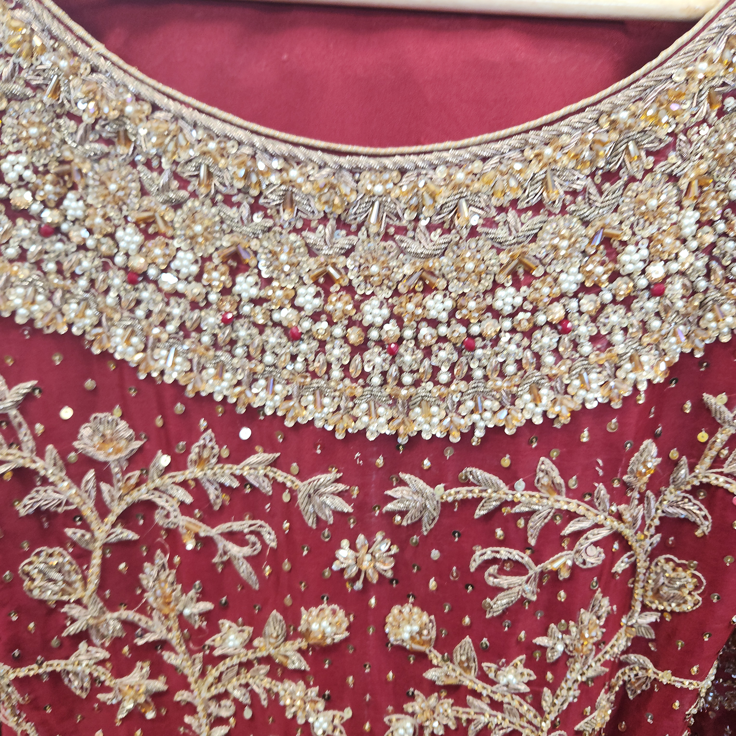 Deep Red and Amber stones Leaf Embroidery 2pc Bridal