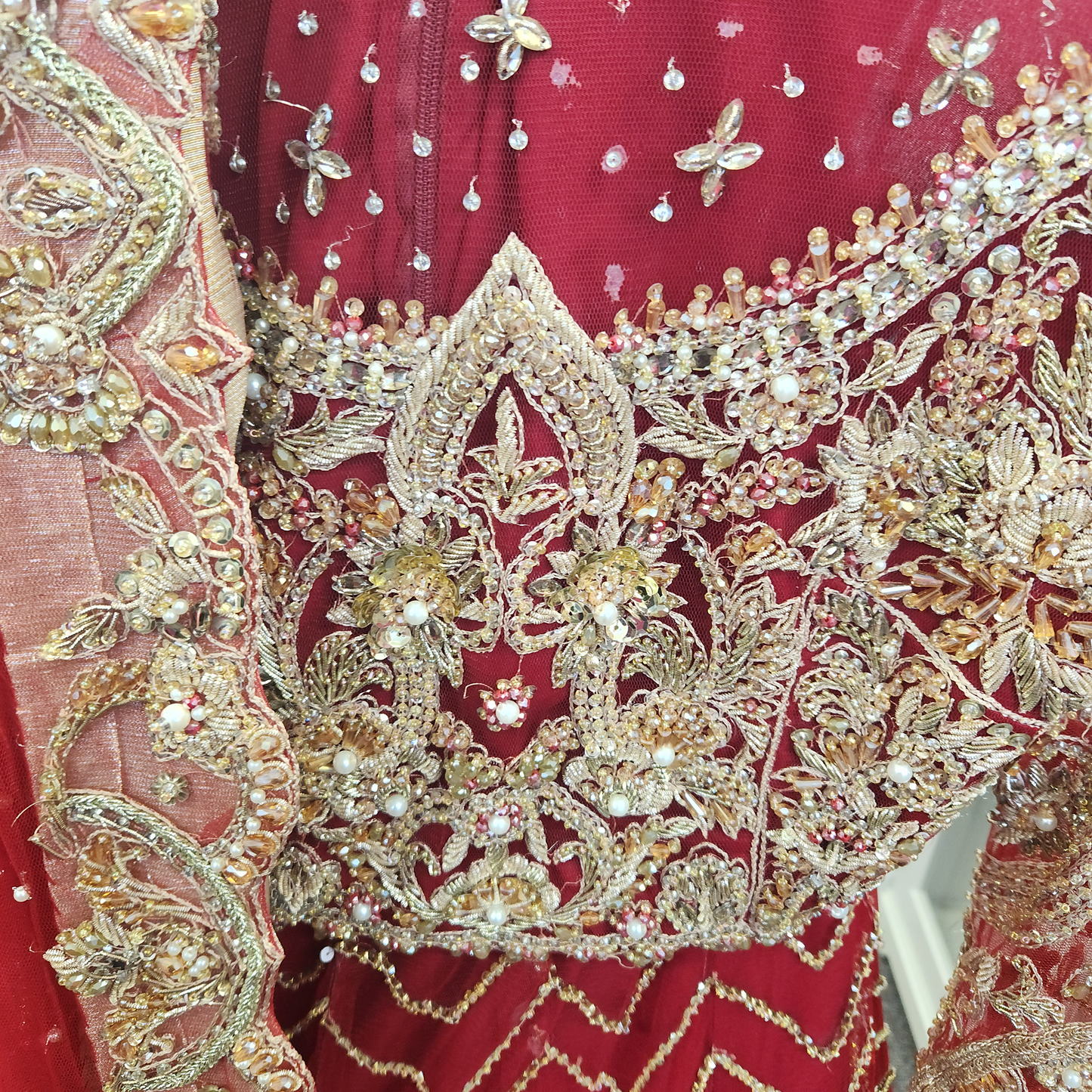 Exquisite Bridal Red pearl and diamante embellishment 2pc lengha