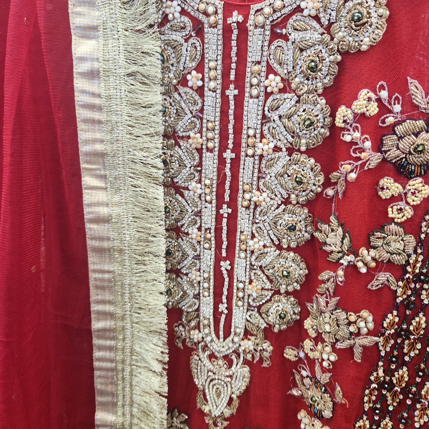 Bridal Red & Green Diamonte 3 Piece fringe duppatta