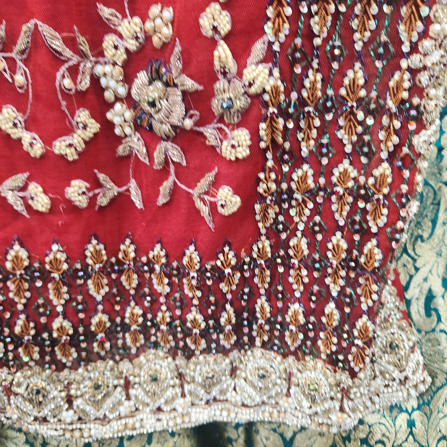 Bridal Red & Green Diamonte 3 Piece fringe duppatta