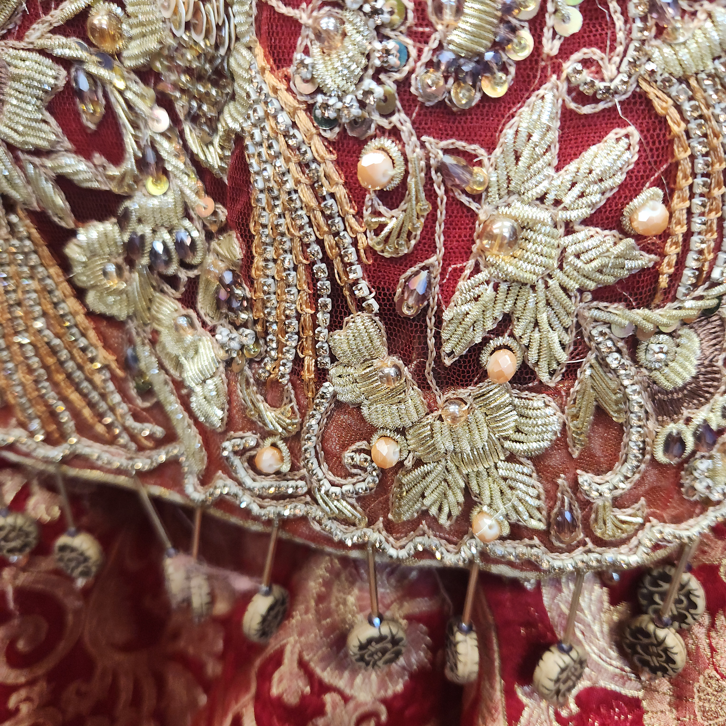 4pc Bright red Bansari print gold embroidery lengha & Sharara netting