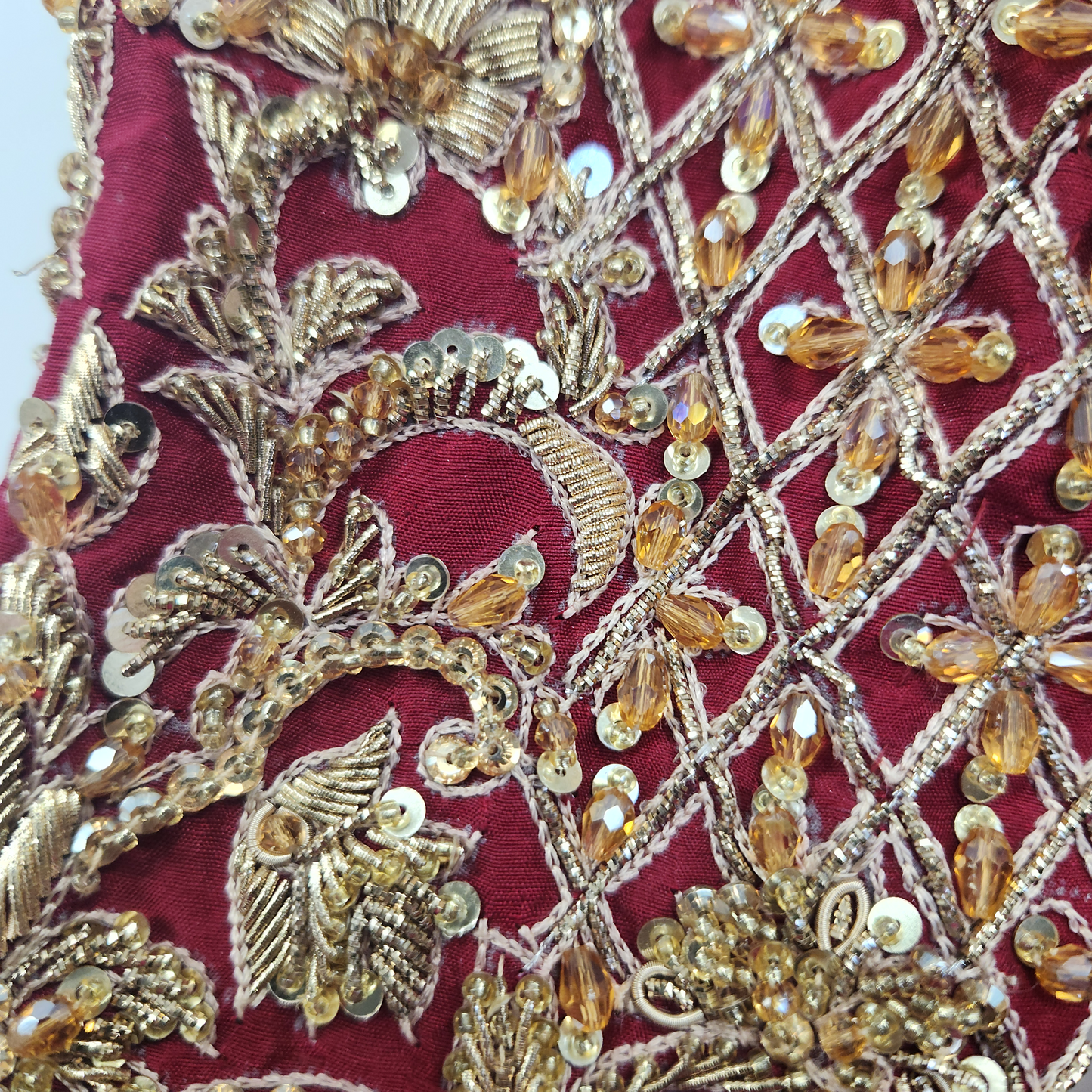 2pc Red + Amber motifs with heavy gold embroidery