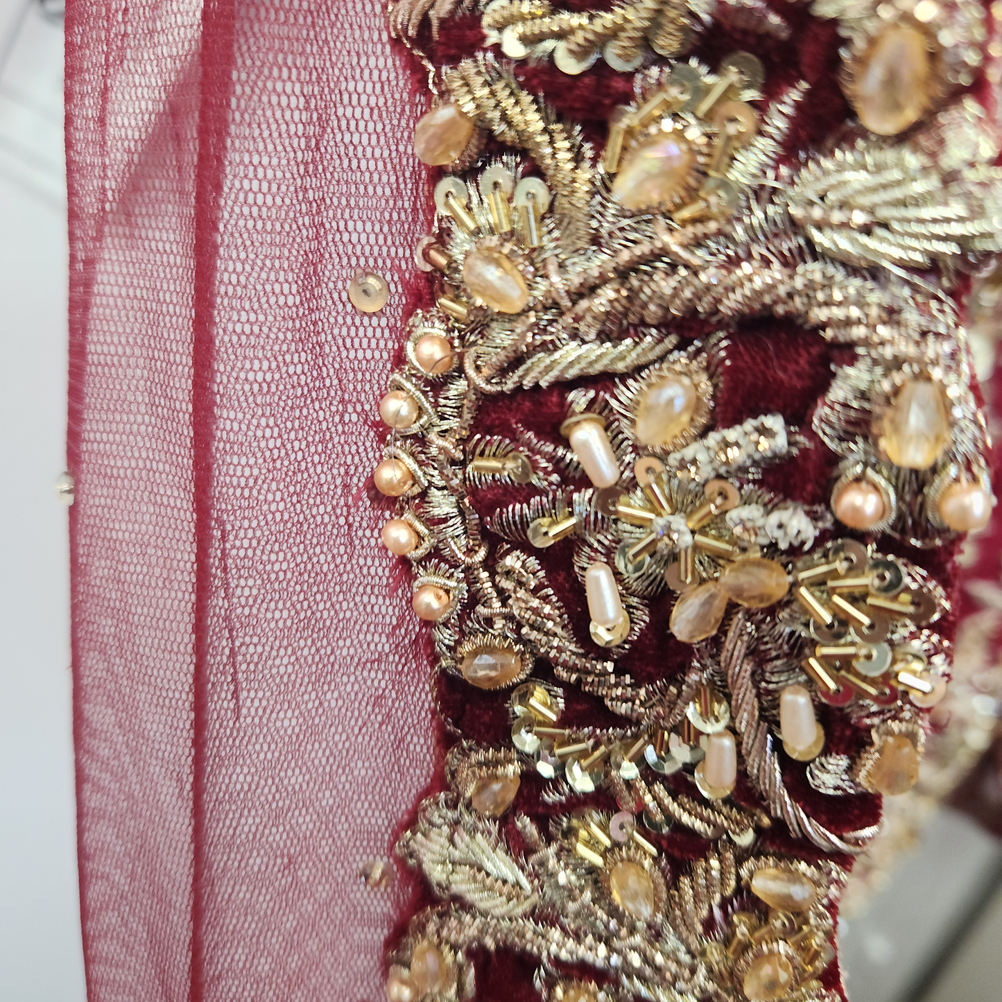 2pc Red + Amber motifs with heavy gold embroidery