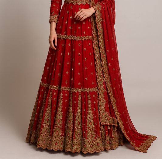 2pc bright red + red stone work and gold intricate embellishments skirt and duppatta
