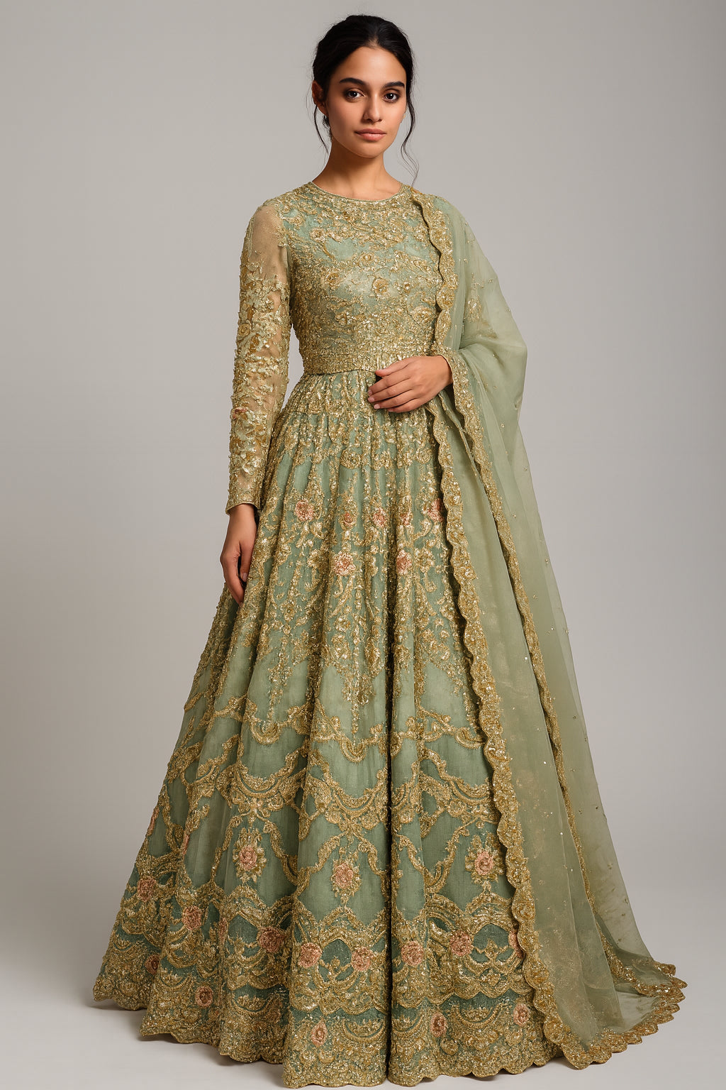 Sage & Gold Silk Embroidered Bridal Wear Trail Cut Lehenga