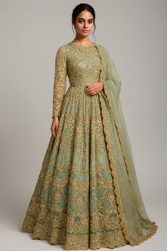 Sage & Gold Silk Embroidered Bridal Wear Trail Cut Lehenga