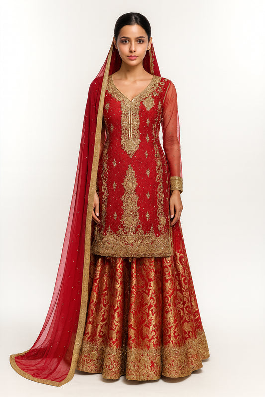 4pc Bright red Bansari print gold embroidery lengha & Sharara netting