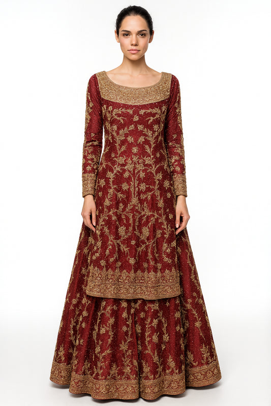 Deep Red and Amber stones Leaf Embroidery 2pc Bridal