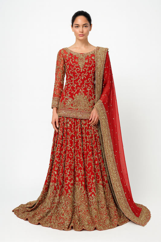 Bright Red & Gold 3pc heavy gold embroidery with pearl and diamanté detailing.
