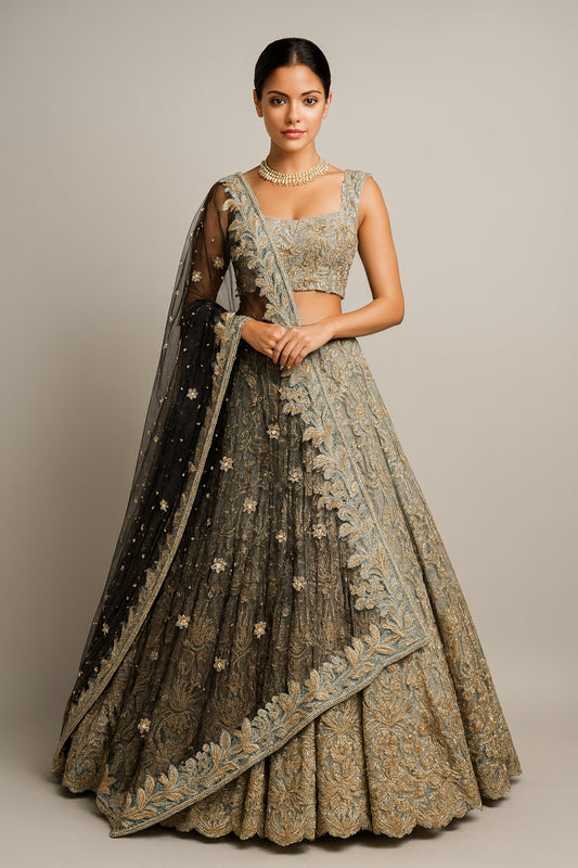 Black & Gold & Sage Silk Embroidered Bridal Wear Trail Cut Lehenga