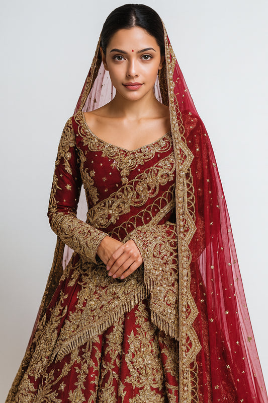 Deep Red & Gold Silk Embroidered Bridal Wear Trail Cut Lehenga