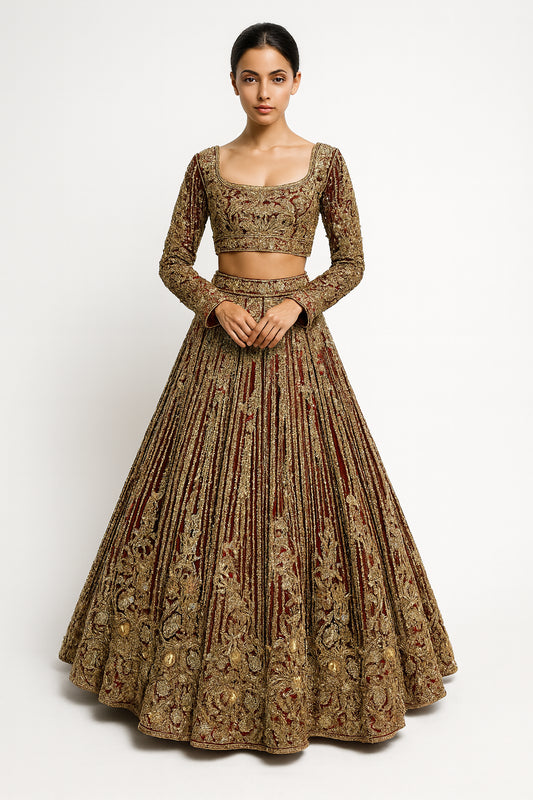 Deep Red & Gold Silk Embroidered Bridal Wear Trail Cut Lehenga