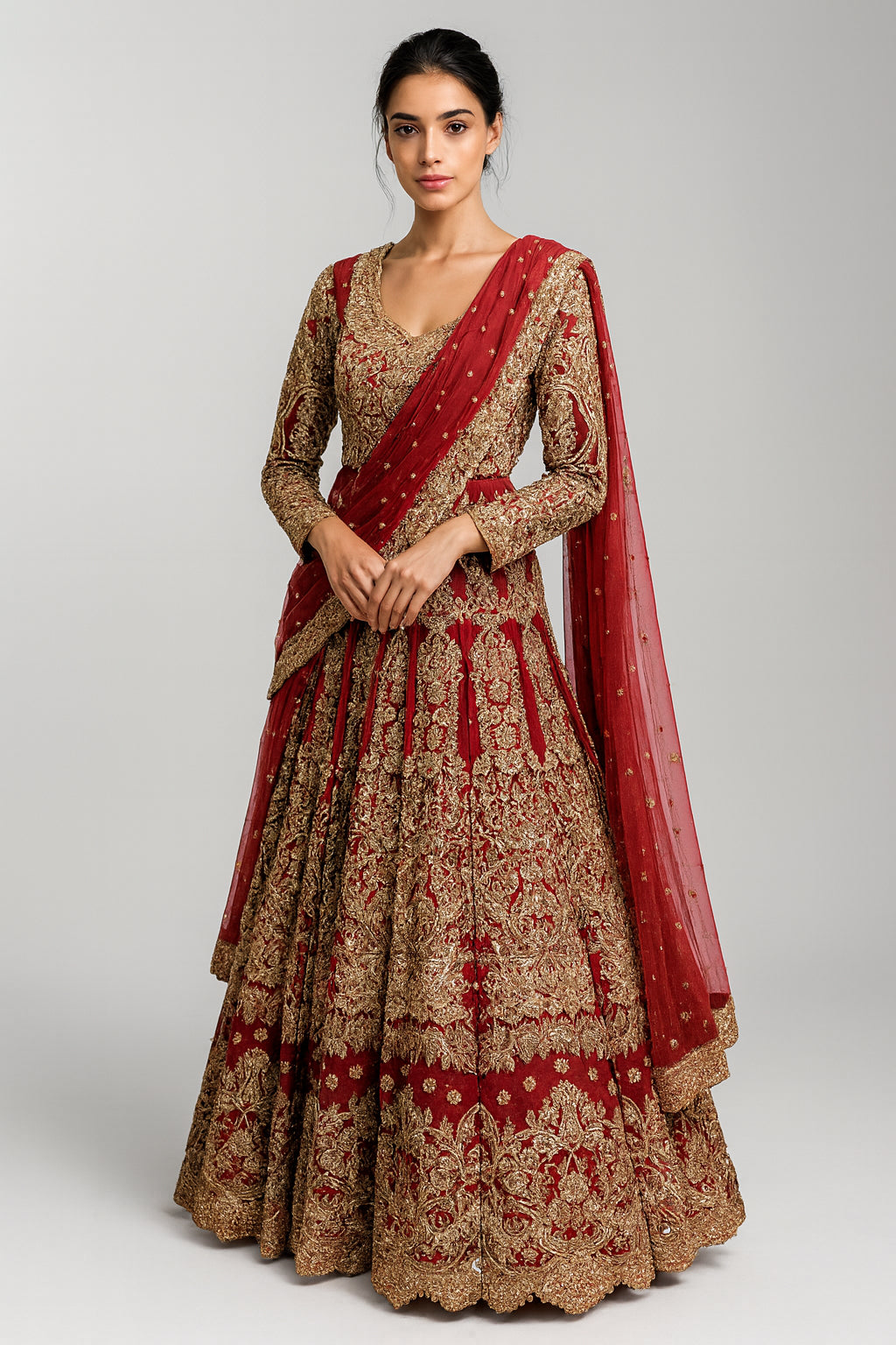 Red & Gold Silk Embroidered Heavy Bridal Wear Netted 3pc