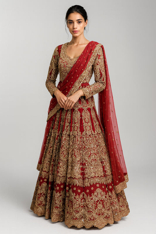 Red & Gold Silk Embroidered Heavy Bridal Wear Netted 3pc