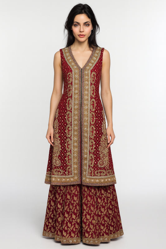 2pc Red + diamante Sleeveless long top and red bansari lengha