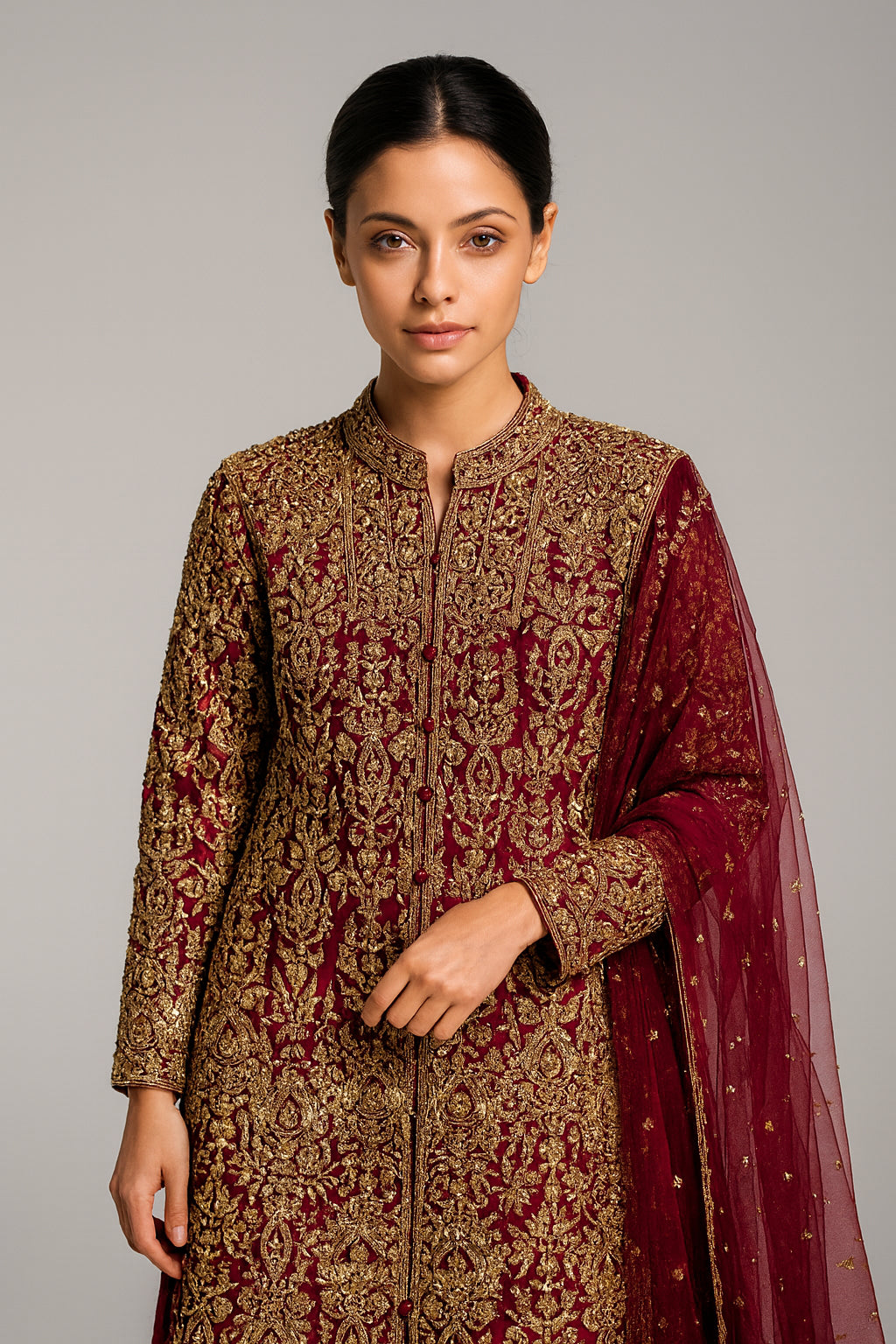 2pc Red + Amber motifs with heavy gold embroidery