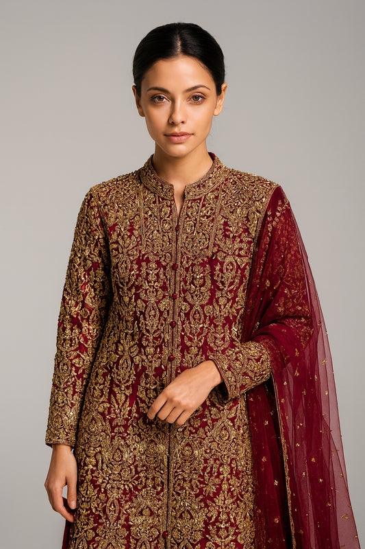 2pc Red + Amber motifs with heavy gold embroidery