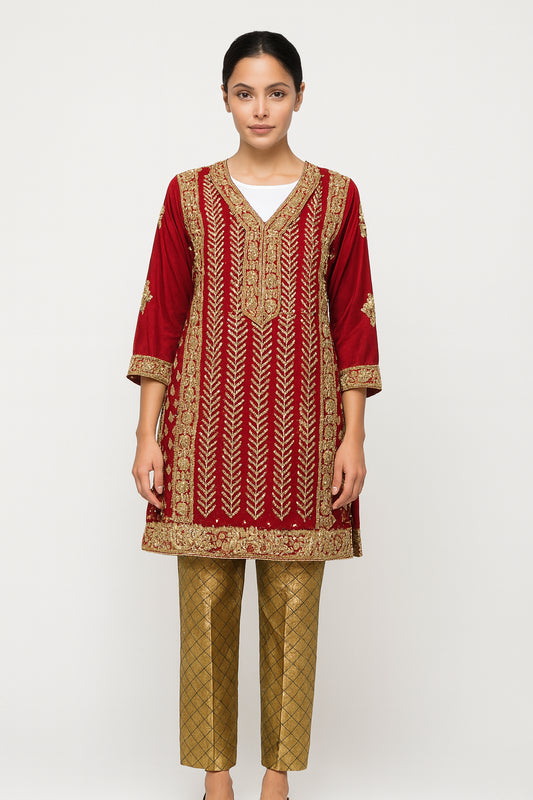 Red & Gold Velvet Evening Wear 2pc Top Kameez