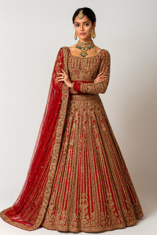 Extravagant Red & Gold Silk Embroidered Bridal Trail Cut Lengha 3pc