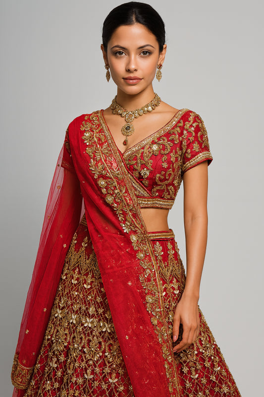 Deep Red & Gold Silk Embroidered Bridal Wear Trail Cut Lehenga