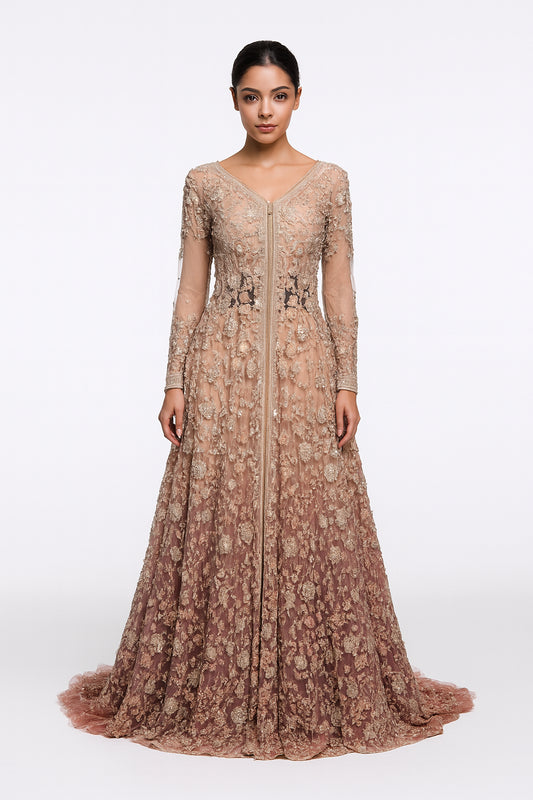 Pink & Gold & Silk Embroidered Bridal Wear Trail Cut Lehenga