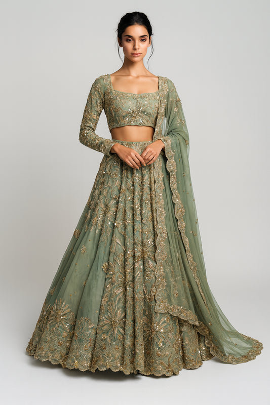 Pistachio & Gold Silk Embroidered Bridal Wear Trail Cut Lehenga 3pc