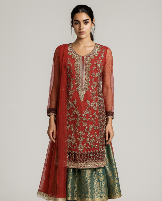 Bridal Red & Green Diamonte 3 Piece fringe duppatta