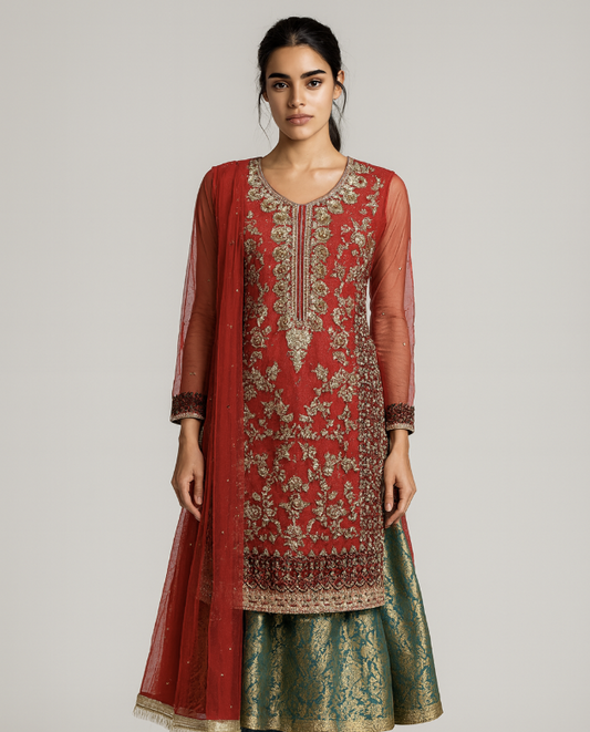 Bridal Red & Green Diamonte 3 Piece fringe duppatta