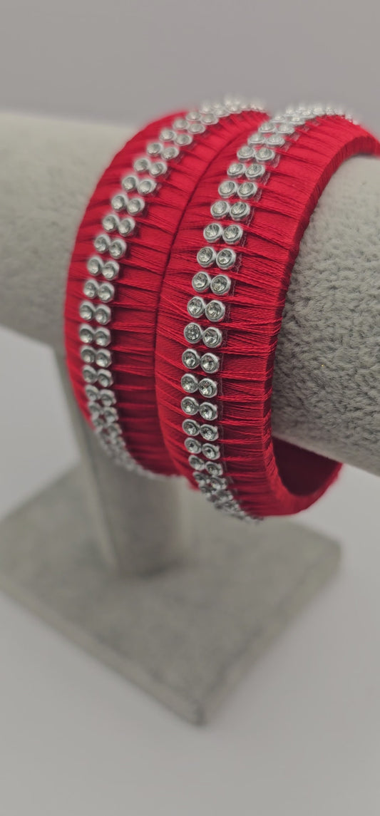 Red Fabric Bangle With Silver Stone Detail Size 2.8