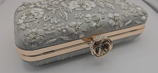 Silk Grey Embroidered Floral Pearl Design & Rose Gold Clutch Bag