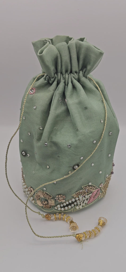 Embroidered Moss Green Multi Coloured Polti Lotus Bag