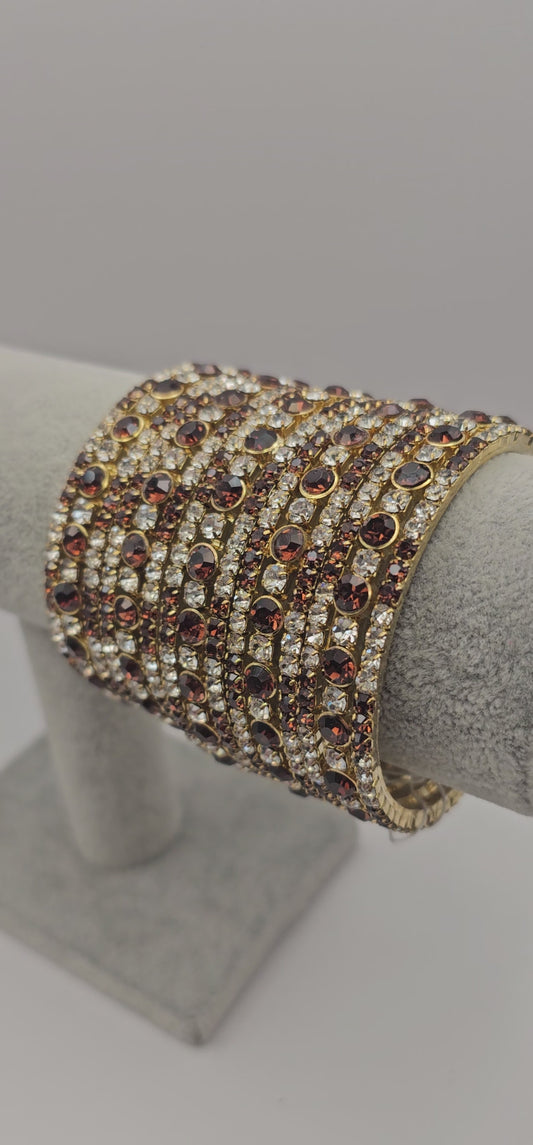 Vintage brown and gold glitter diamante, rhinestone metal bangle Size 2.8