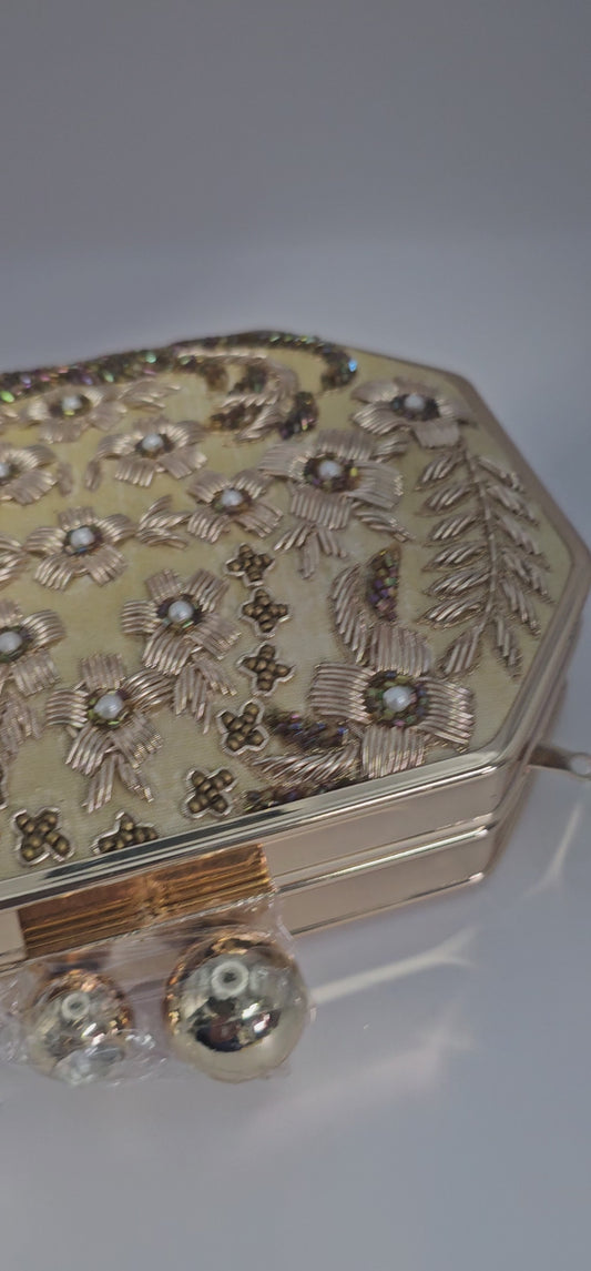 Champagne & Gold Embroidered Rectangular Clutch Bag